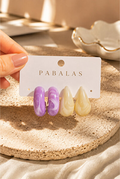PABALAS Women's 4-Piece Earring Set Purple Hoop Earrings Cream Drop Earrings ...