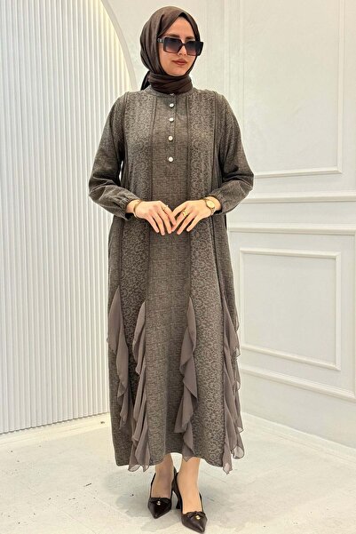 ottoman wear Behrem Büyük Beden Tesettür Elbise Koyu Vizon OTW75010