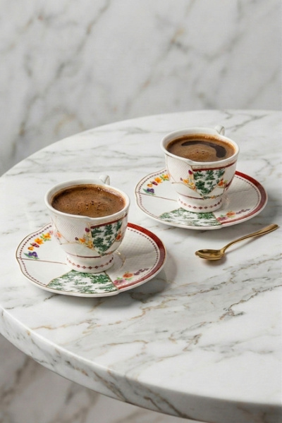 LC Waikiki طقم فناجين قهوة من البورسلين مع صحون للقهوة التركية بنقش زهور وتفا...