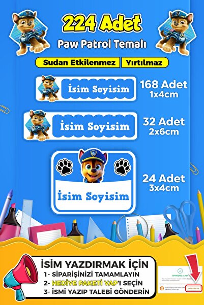 SB store Okul Kreş Kişiye Özel isim Etiket Seti Paw Patrol Temalı - Model 730