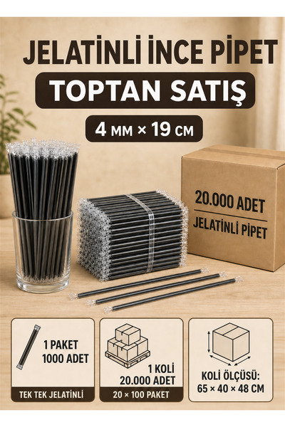 ardin Jelatinli Siyah İnce Pipet 4mm 19 cm Tek tek Paketli - 20.000 adet (1 k...