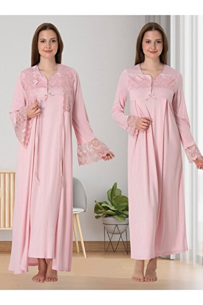 Effortt Dvina Maternity Dressing Gown and Lace Detailed Long Sleeve Nightgown...