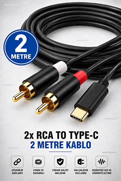 nelerbulurum 2 Metre Type-C to 2 RCA Stereo Ses Kablosu Tüm Type-C Girişli Ci...
