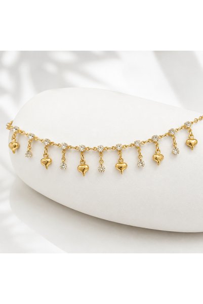 ANGELLOOP ACCESSORY Heart Stone Detailed Dangle Double Anklet Set - Brass Plated 2-Piece Anklet Set - 30 cm