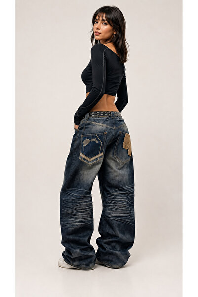 None Wear Lacivert Vintage Eskitme Baskılı Streetwear Unisex Baggy Pantolon