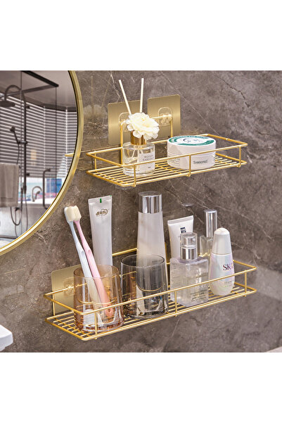 lumina shop Two Punch-Free Golden Iron Bathroom Wall Shelf, No Drill Wall Mou...