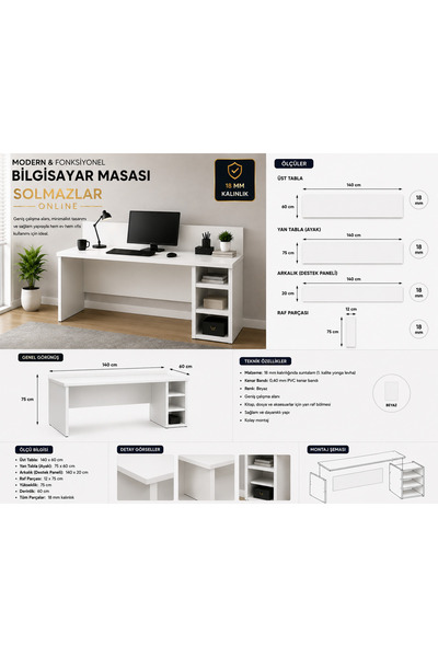 Solmazlar Online Gaming Modern Bilgisayar & Çalışma Masası 140x60x75 cm – Beyaz