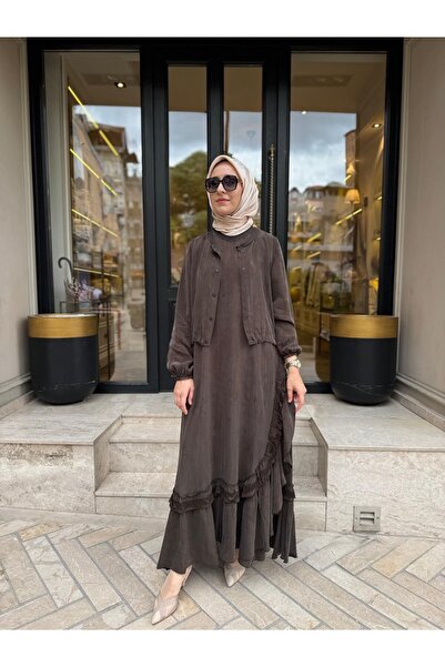 MissWhence 39815 Yelekli Kadın Elbise Kahve
