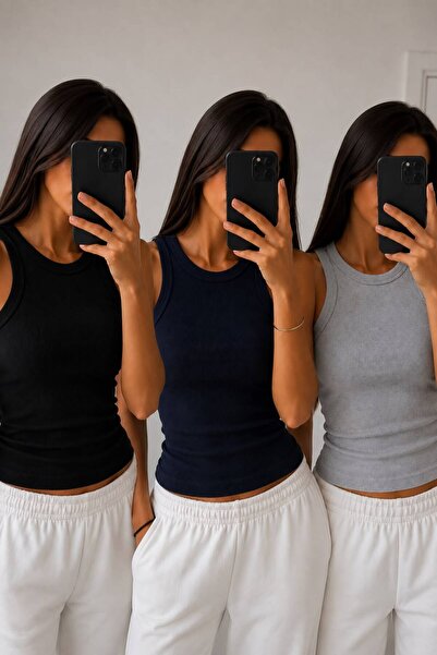 LOSMARY KADIN HALTER YAKA KAŞKORSE FİTİLLİ ATLET 3 ADET SİYAH+GRİ+LACİVERT