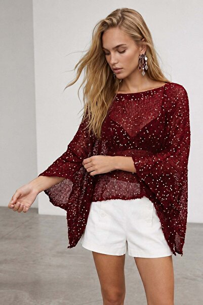 Trend Alaçatı Stili Kadın Bordo Simli Bol Kesim Triko Panço Bluz Alc-X15578