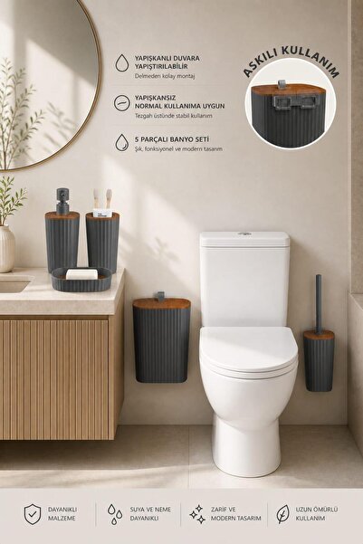 Okyanus Home Safir Ahşap Görünümlü Yapışkanlı 5'li Banyo Seti