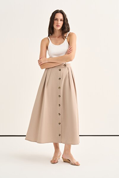 EBU Prive Women's Gabardine Buttoned Pleated Skirt Beige
