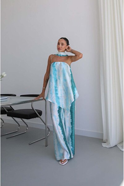 Havoş Blue Batik Pattern Strapless Blouse Pants Set