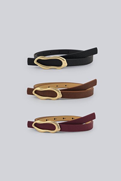 Milleniva Soyut Ellipse Gold Buckle Thin Women's Belt Set 1.5 cm