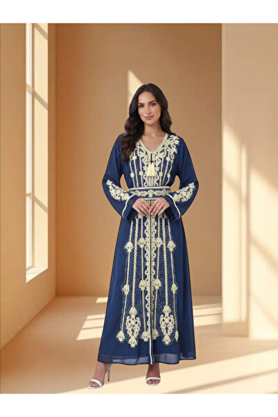 FNM Women's Moroccan Embroidered Kaftan Dress - V-Neck Tassel Tie Belted Jala...