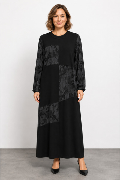bihan store Women's Block Patterned Long Maxi Dress 26124-Black