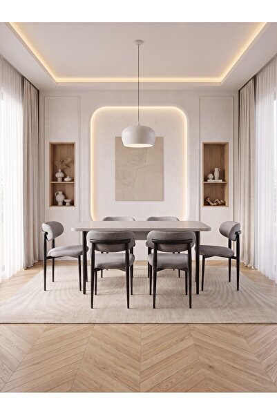 Concept Ayz Home Bella Serisi 6 Kişilik A.Gri Kumaş 80*130 Beyaz Masa Sandaly...