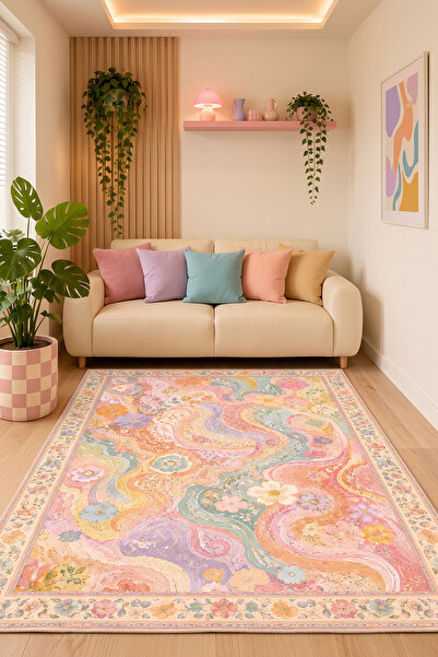 AIDA HOME Harmony Çiçekli Şönil Doğal Pamuk Tabanlı Salon Halısı Kaymaz Yıkan...