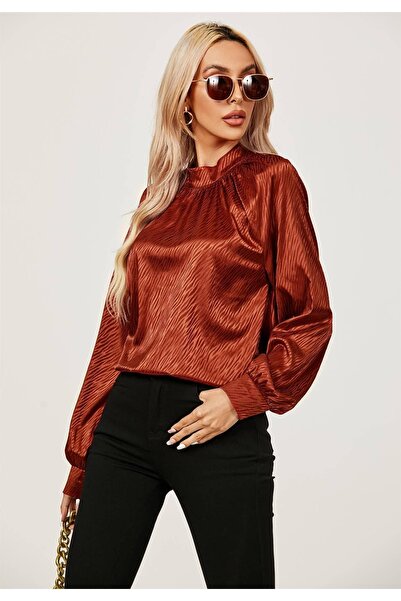BRANDLESS Bluză din satin cu mâneci lungi și guler tip halter, roșu-cupru MB ...