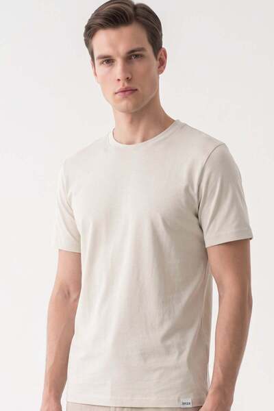 İmza Beige Crew Neck Short Sleeve Slim Fit Cotton T-Shirt 1011265166