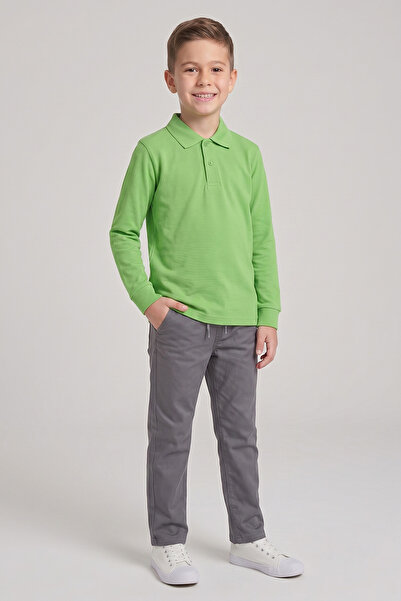 nacar çarşı Boys' Green Long Sleeve Polo Collar T-Shirt Gray Ribbed Waist Can...