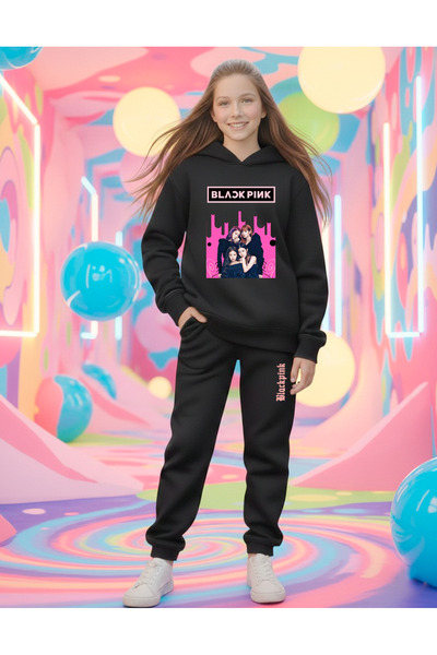 STİL-X Black Pink Printed Girls' Tracksuit Set, Shardonlu Soft Fabric