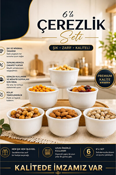Arsimo 6'lı Porselen Çerezlik Seti - Beyaz Minimal Kase Takımı, Sosluk, Reçel...