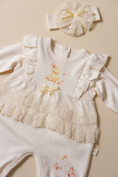 BABYLİM Little Duck Printed Lace Baby Girl Bandana Jumpsuit Set - 100% Cotton
