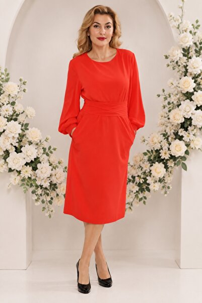 OEM Rochie rafinata, de culoare rosu, maneca lunga, centura in talie