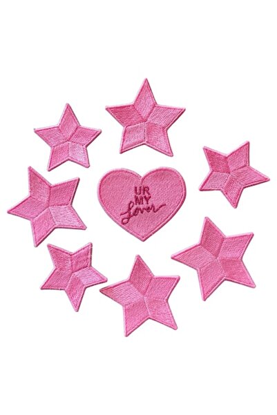 OEM Set of 7 thermo-adhesive embroidered textile patches, pink stars with hea...