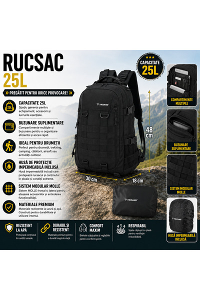 SMARTECH Rucsac de drumeție 25 L, Sistem MOLLE, Husă impermeabilă inclusă