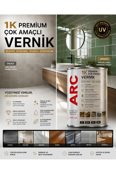 ARCMARİN KİMYA VE DENİZCİLİK HIRDAVAT 1K Çok Amaçlı Vernik -Solvent Bazlı Taş Ahşap Duvar ve Boya üzeri UV Dayanımlı Koruyucu Cam Vernik
