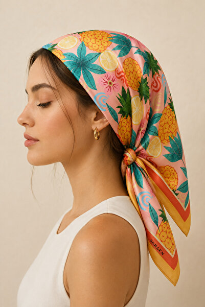 Sehlen Kadın Tropikal Ananas Desenli Saten Fular Bandana 56x56 cm - Hardal