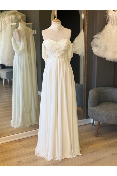 Lenta Wedding Beyaz Şifon Drape ve Dantel detaylı Sallı Nişan ve Gece Elbisesi