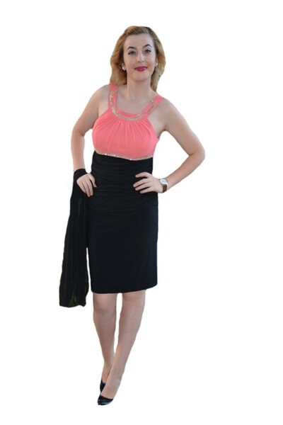 OEM Rochie eleganta , din jerse fin, cu top corai si strasuri aurii
