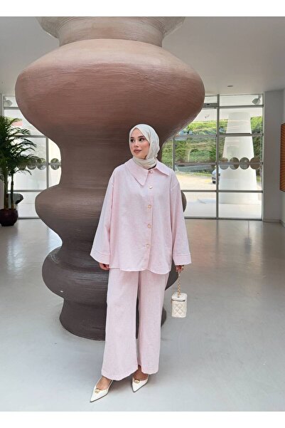 fera butik Women's Hijab Linen Set Casual Buttoned Tunic Shirt and Wide-Legge...