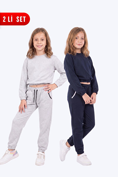 FYK KİDS 2-Piece Round Neck, Elastic Waist, Cropped Cut, 4-Piece Girls' Top a...