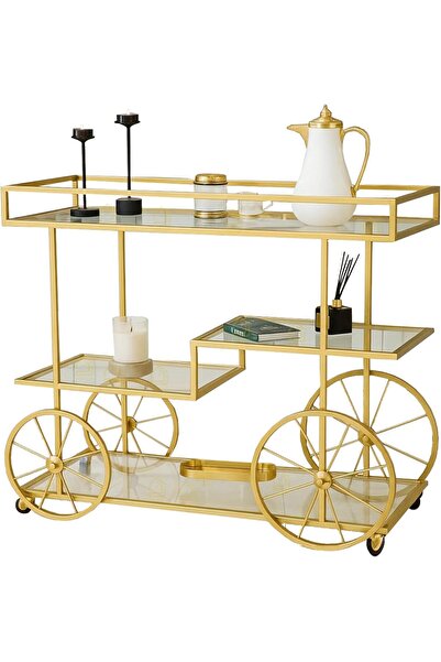 YINZUO Bar Cart Metal Bar Cart with Glass Shelves – 3-Tier Rolling Beverage C...
