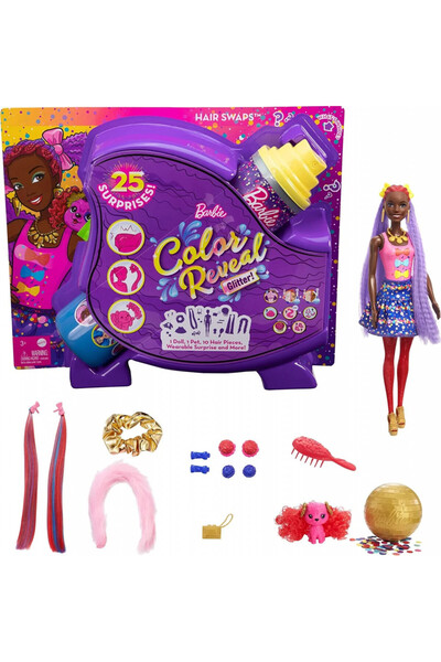 Barbie Papusa Barbie, colectia Color Reveal Glitter Party cu 25 de accesorii ...