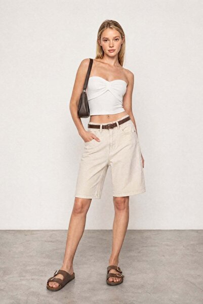 mylove Kemerli Street Jean Şort Krem