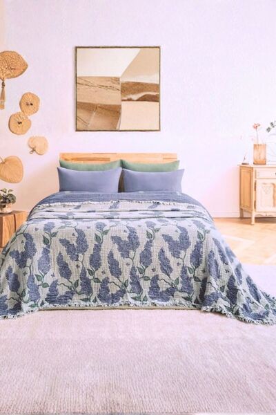 Layan Home 4 Layer 100% Cotton Muslin Double Bedspread & Throw – Lilac Pattern