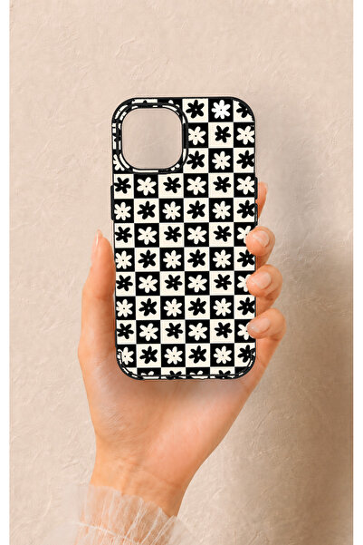Vip Case iPhone 15 Uyumlu Çiçek Motifli Dama Desenli Silikon Kılıf