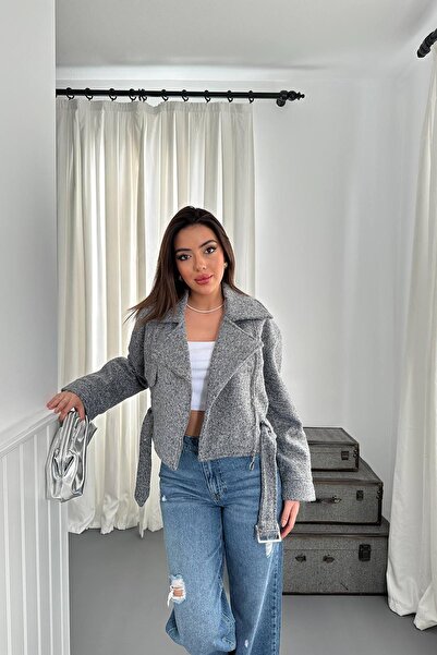 Moda Days معطف نسائي قصير باللون الرمادي بتصميم راكبي الدراجات النارية، مزود ...