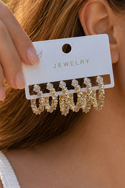 TAKIPORT Gold Color Stone Textured Hoop Women's Earring Set (3 Pairs)
