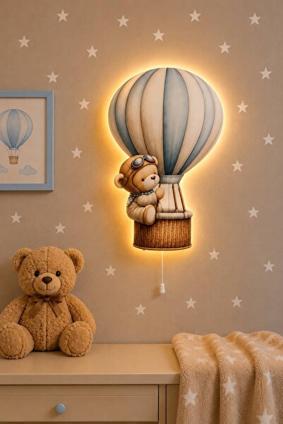 BugyBagy Ahşap Ayıcıklı Kapadokya Balon Pilli Ledli Gece Lambası Bebek Çocuk ...