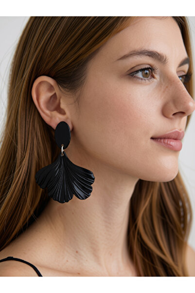 Fullment Women's Earrings Ginkgo Biloba Leaf Black, Aesthetic Design 6 cm