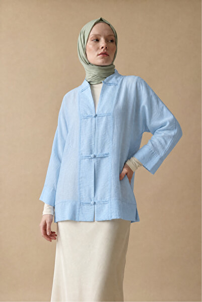 LENFORA V Yaka Organze Vual Biye Düğmeli Oversize Kimono -Bebe Mavi