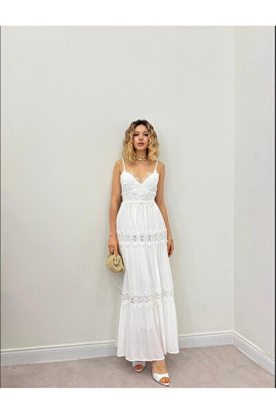 Elora Atelier SIRT BAĞLAMA DANTELLİ BEYAZ MAXİ ELBİSE