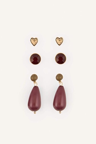 DeFacto Women's Gold-Tone Heart and Burgundy Detailed 3-Piece Earrings I2261Axns