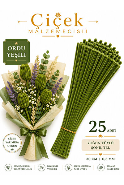 KLC Çiçek Malzemecisii 25 Adet Ordu Yeşili Şönil Tel 30 cm 6 mm Yoğun Tüylü Ç...